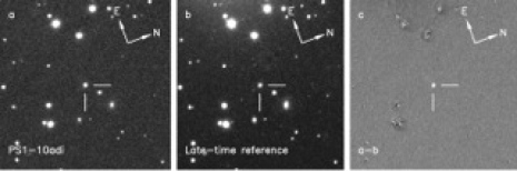 Left: The extremely luminous PS1-10adi + field at early time. Middle: PS1-10adi + field at late time. Right: Early - Late (right), to subtract off the background. Image credit: Erkki Kankare et al.