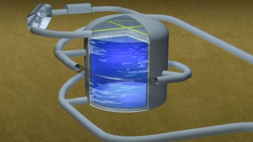 An design drawing for the instrument - a large container of water surrounded by light detectors