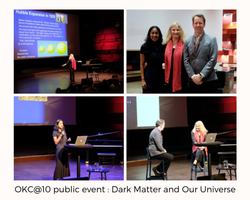 collage of photos from public event four images : Dr. Freese, Dr. Carroll, and Dr. Peiris speaking