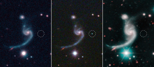Three panels that show the spiral galaxy before, during, and after the supernova went off near it.