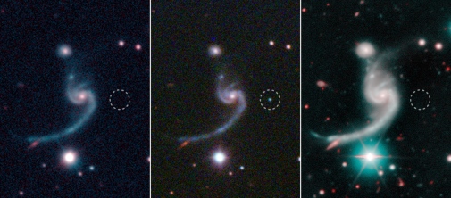 Supernova iPTF14gqr near spiral galaxy Three panels that show the spiral galaxy before, during, and after the supernova went off near it.