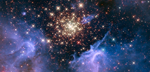 NGC3603 with HST A dense cluster of hot stars with whisps of gas around it.