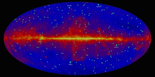 An image of the sky in gamma rays. Gamma ray burst locations on the sky are marked.