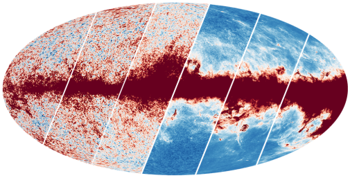 A collage of the microwave sky using maps produced by the Planck satellite spanning 100 to 857 GHz.