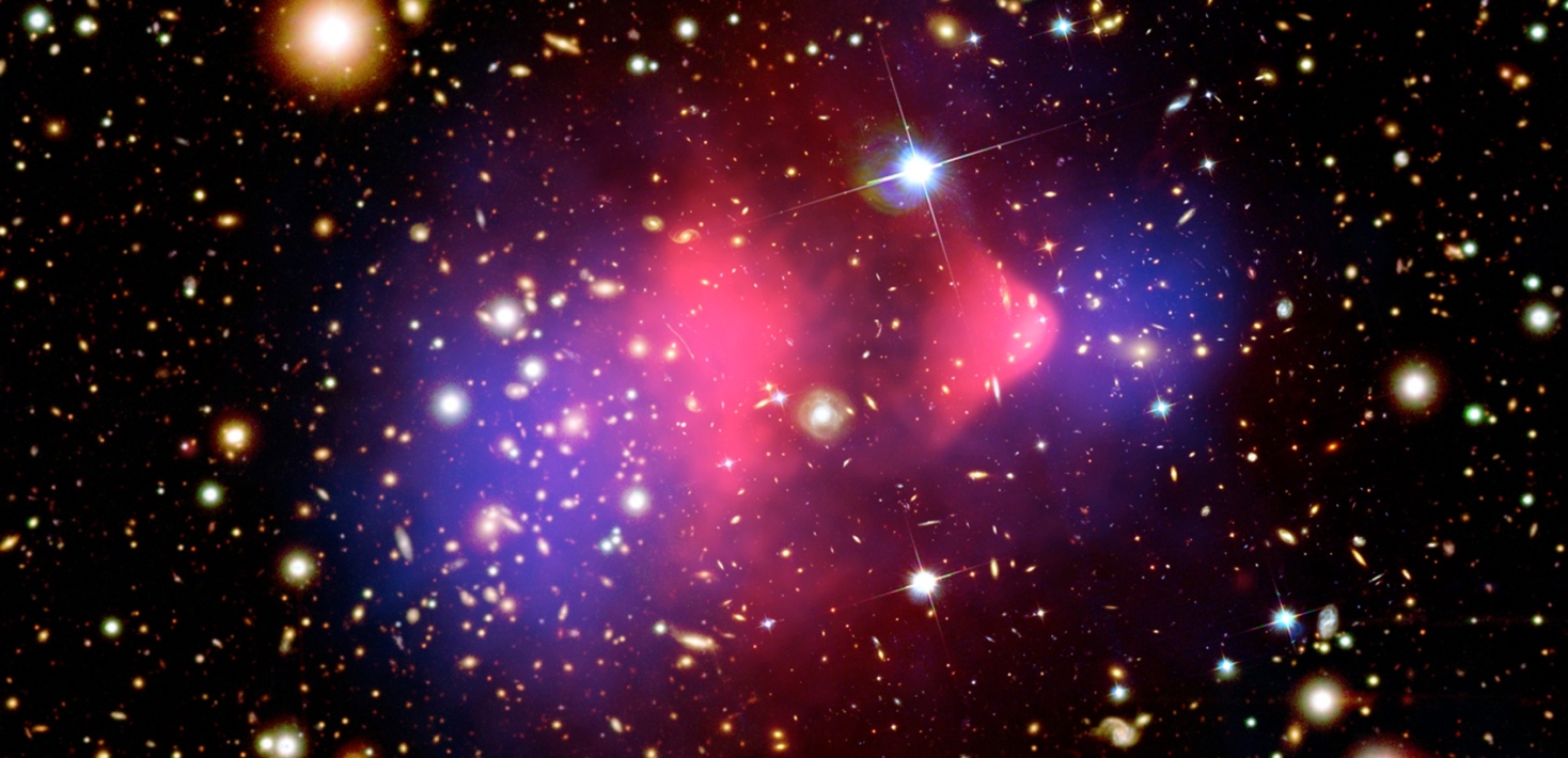 Bullet Cluster: colliding clusters of galaxies show the separation of ordinary and dark matter