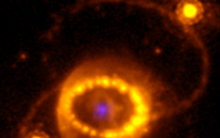 Combination of a Hubble image of SN 1987A and a compact highly ionized argon source
