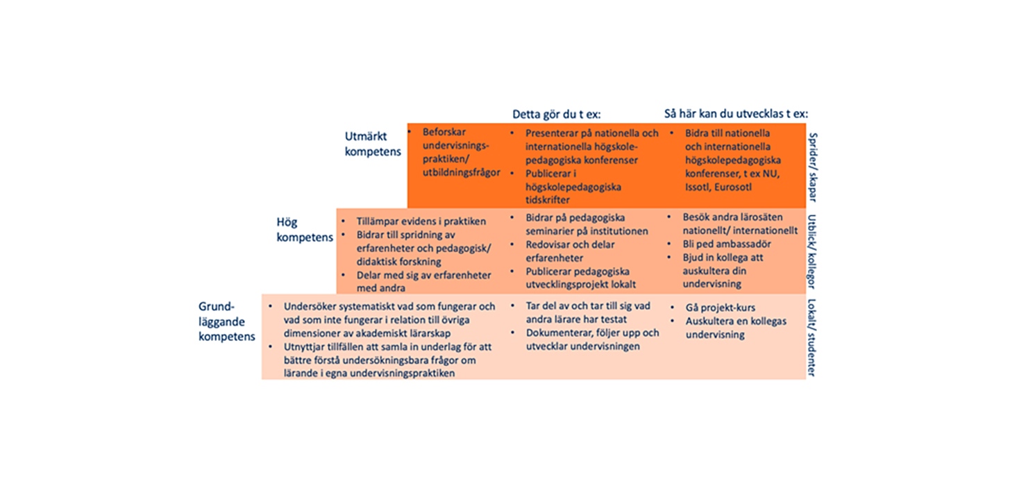 Figur 8: Exempel på aktiviteter på olika kompetensnivåer för akademiskt lärarskap inom dimensionen Utforskande lärarskap.
