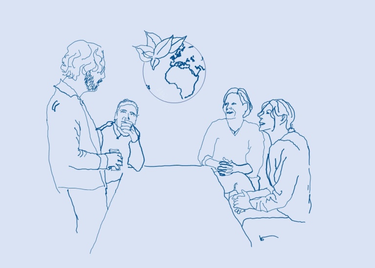 Illustration med personer som samtalar runt ett bord. Illustrationen är gjord av Klara B Laksov
