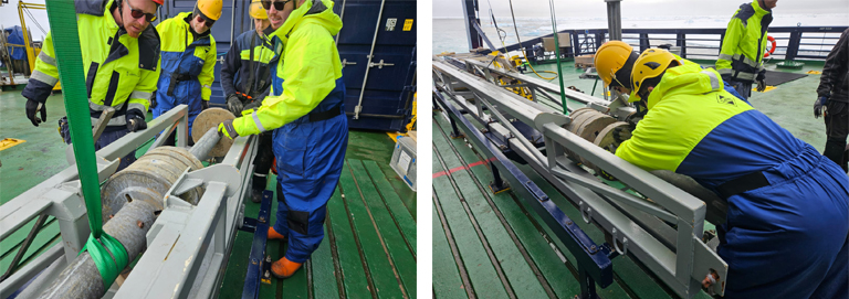 Researchers assemble a piston corer and load it with weights onboard the icebreaker Oden.
