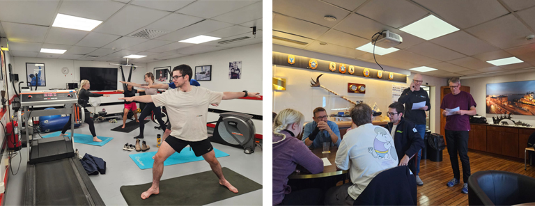 Expedition participants take part in social activities onboard Oden, including a yoga class and a shipwide music quiz.