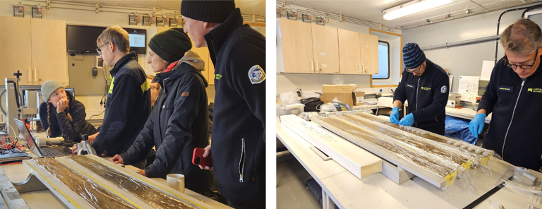 Researchers open, sample, and measure a sediment core under the guidance of Professor Matt O’Regan.