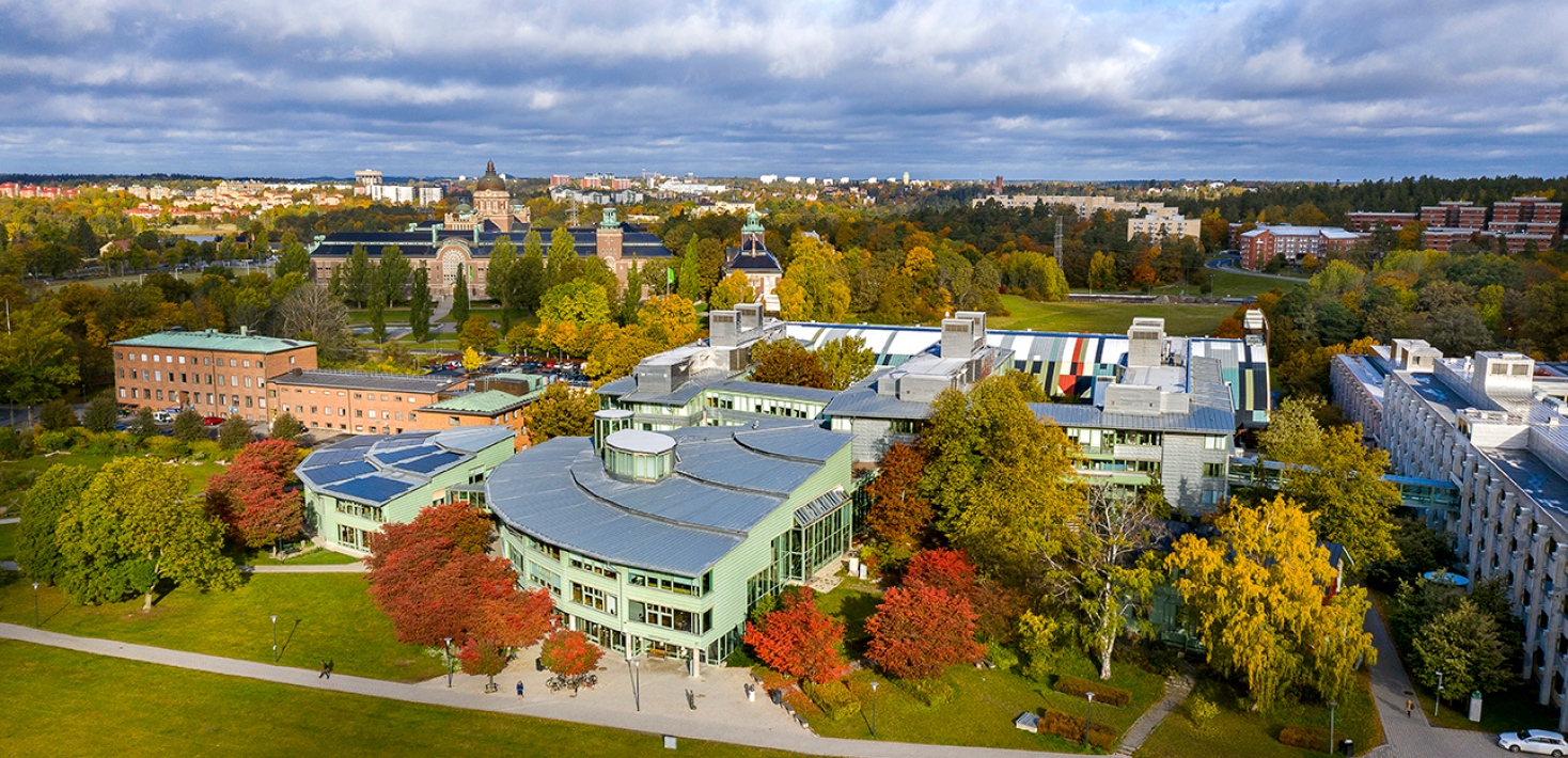 Drone photo of Stockholm University in autumn colors.