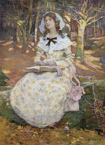Painting watercolor and gouache over pencil. "The Open Book". Foto: Elizabeth Forbes, Public domain, via Wikimedia Commons. "The Open Book" by Elizabeth Forbes (1859–1912). Foto: Elizabeth Forbes, Public domain, via Wikimedia Commons
