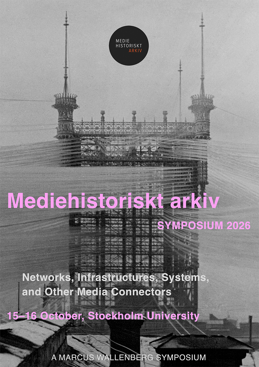 Photo in black and white. On it the text: Mediehistoriskt arkiv symposium 2026.