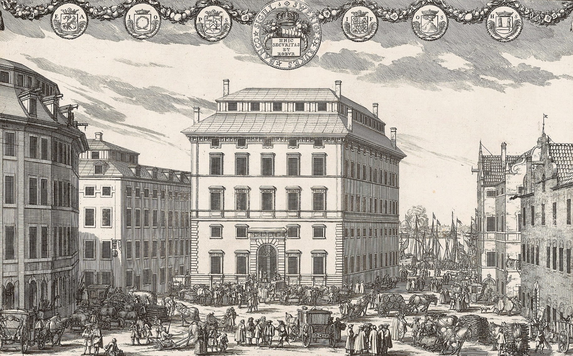 skiss föreställande Riksbanken i Stockholm, framför en massa människor. 1700-tal.