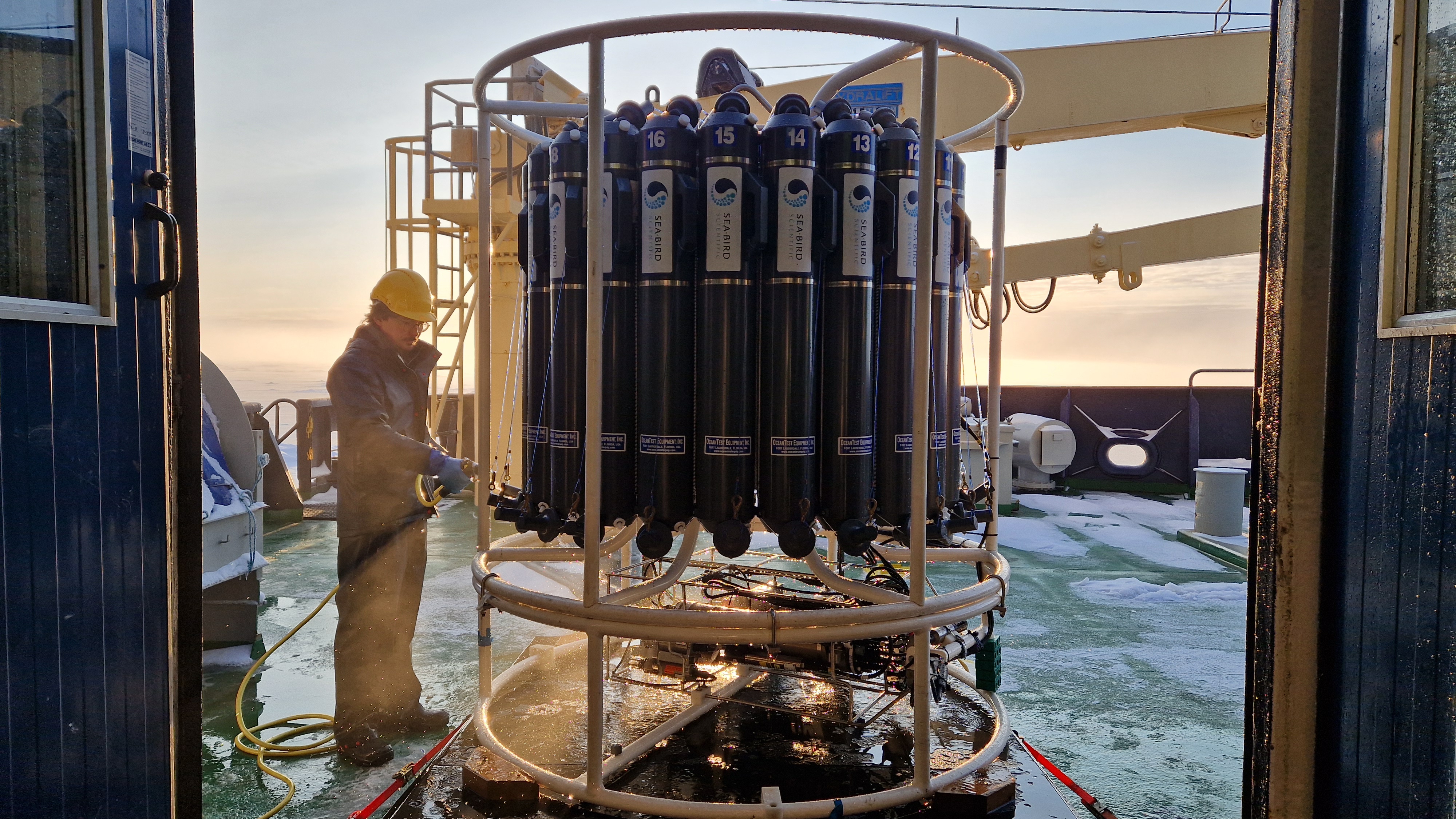 Caption: The CTD being returning with water samples from all different depths from bottom to the surface.