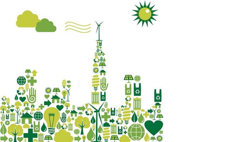 Tecknad cityskyline med symboler i olika nyanser av grönt som husmönster.