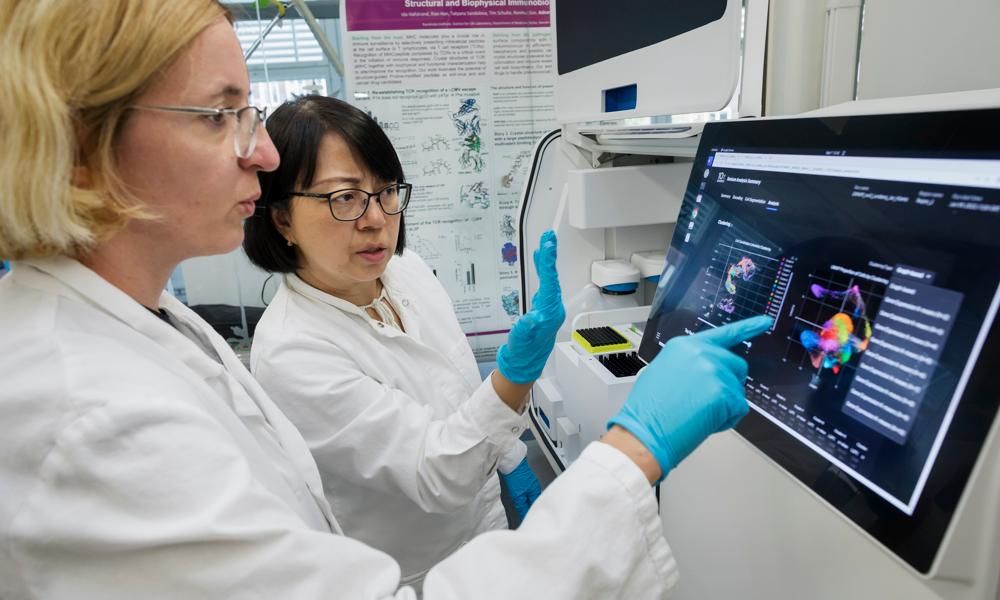 Two women wearing labcoats and lab safety gloves in a lab looking at a scientific instrument.