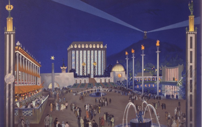 Vy från Jubileumsutställningens områden kring Stora gården, i kvällsbelysning omgivna av minareterna