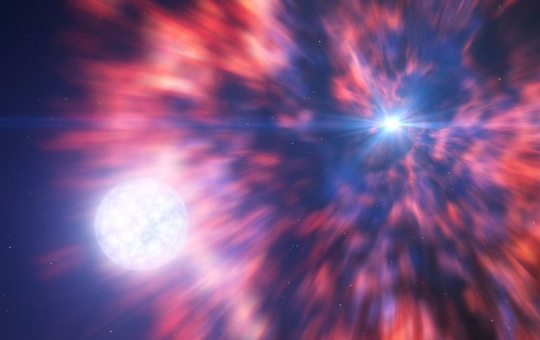 Colorful gas thrown out from a supernova towards its blue stellar companion