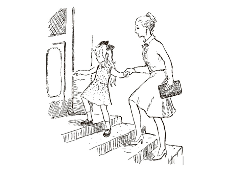Illustration i äldre stil flicka och mamma hand i hand på väg uppför en trappa in i skolan.