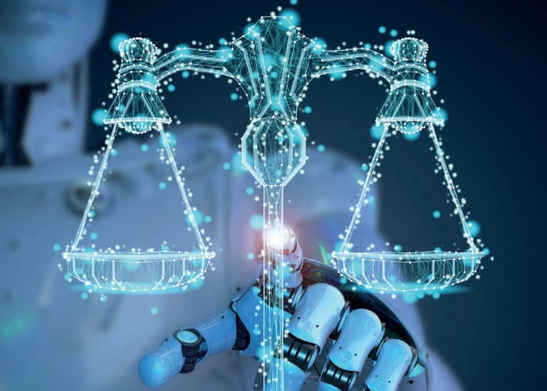 Robothand och en digitaliserad bild av en vågskål