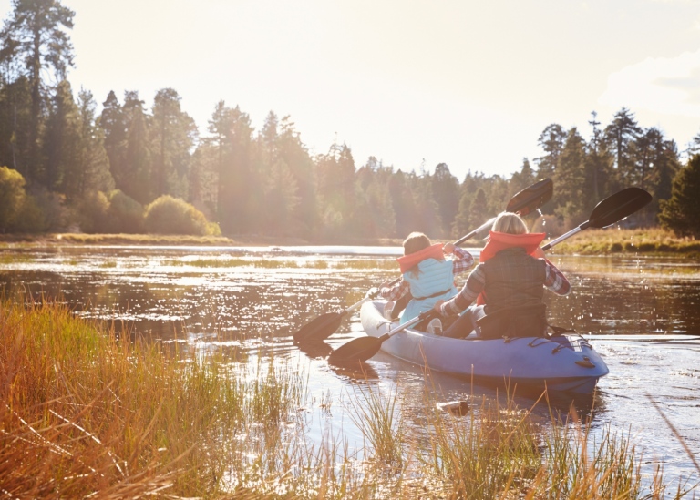 people kayaking on lake, back view