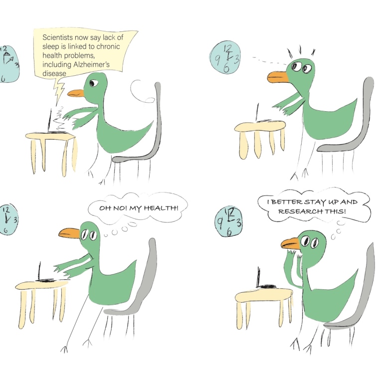 Bild på illustration från avhandlingens omslag: en fågel som sitter vid en dator och är stressad.