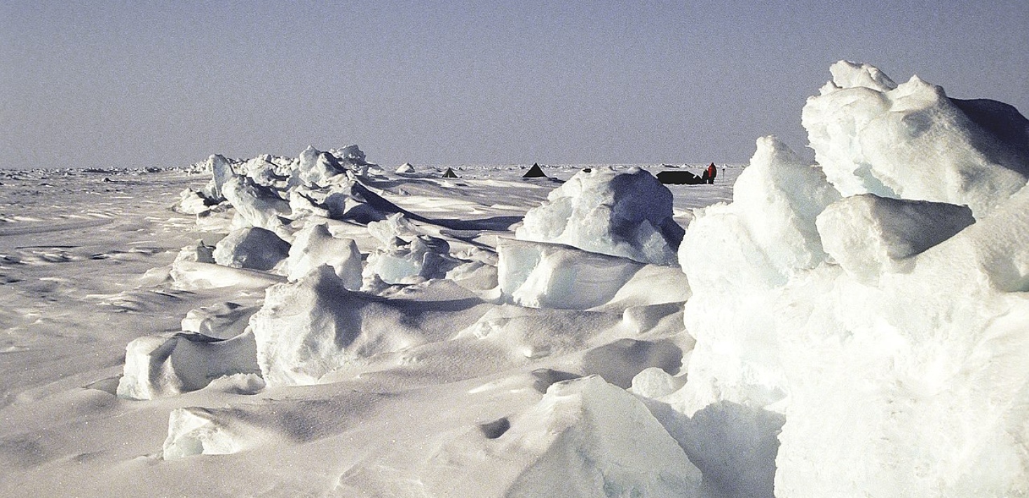 The arctic ice pack with pressure ridges at the Geographic North Pole.