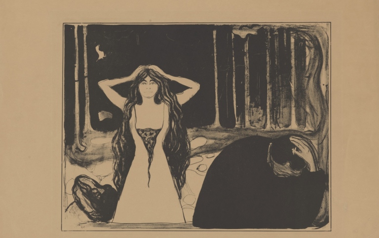 Lithographic crayon, tusche and scrape. Foto: Edvard Munch "Aske II", 1899. Munchmuseet / Rena Li