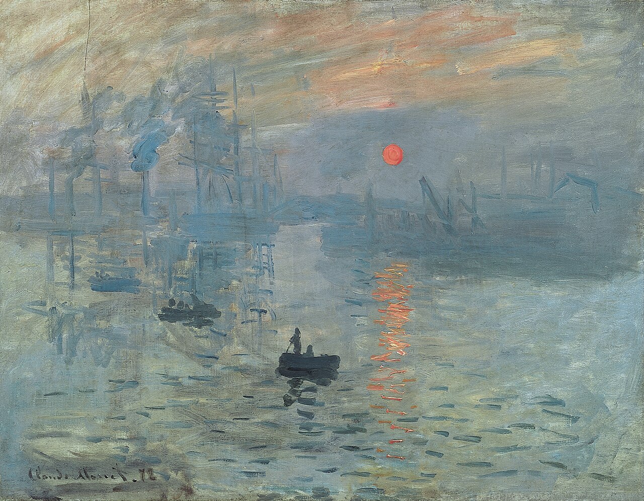 Claude Monets "Impression, soluppgång" från 1872: en dimmig hamn i Le Havre med en orange sol som kastar en skimrande reflektion över vattnet, omgiven av skeppsmaster och en roddbåt i förgrunden.