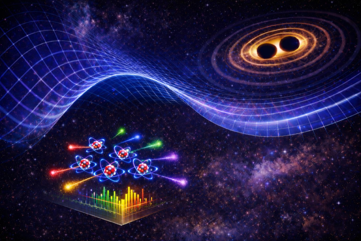 Gravitationsvågor lämnar spår i atomers ljus. Credit: Stockholm University.