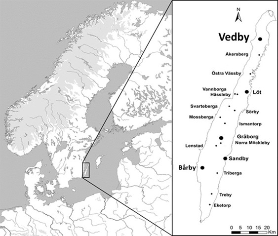Figur 1. Karta över Sverige och Öland med de öländska ringborgarnas lokalisering. Vedby borg ligger på norra Öland. Karta från Viberg et al. (2020).