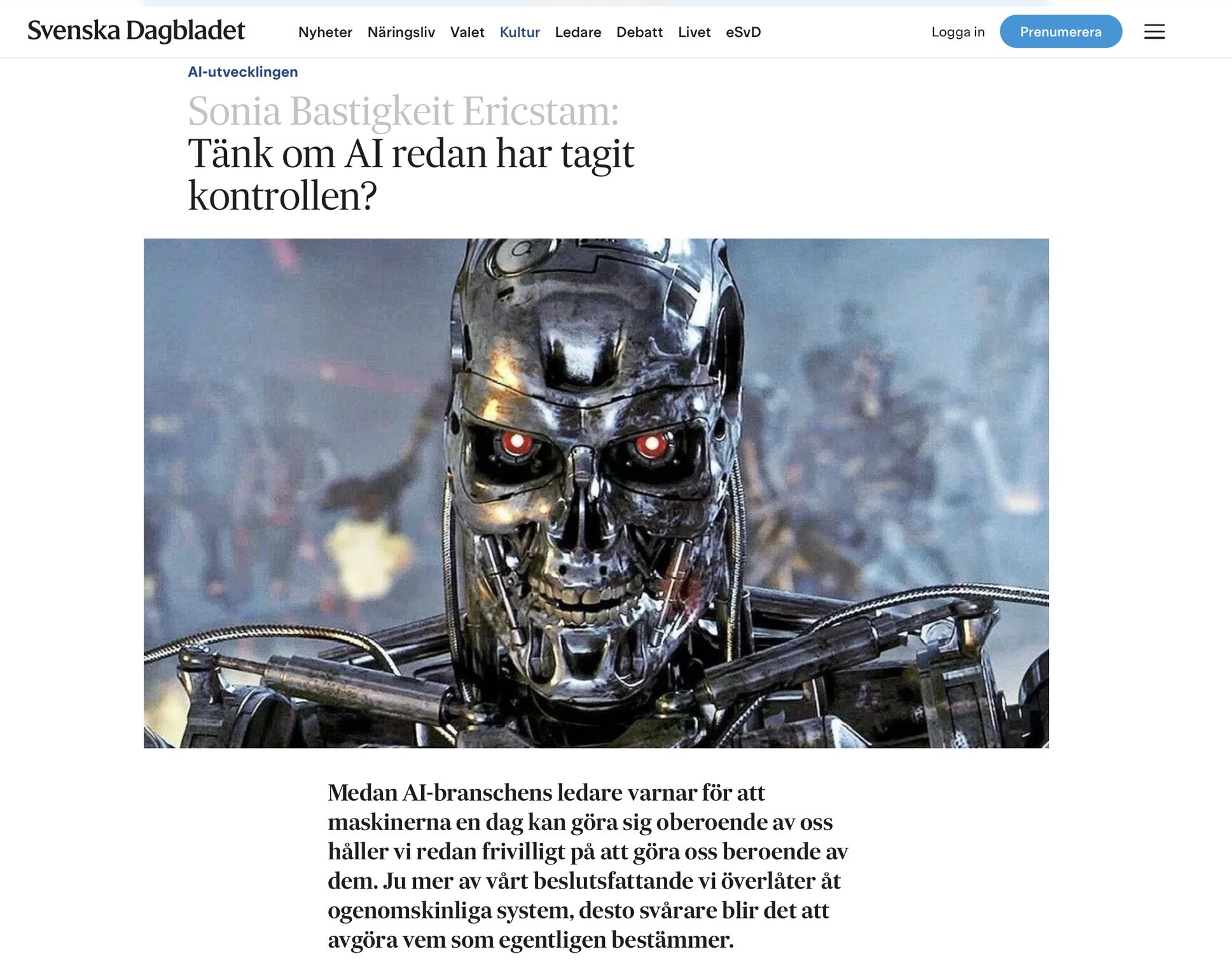 Screenshot from an essay in the Swedish daily Svenska Dagbladet. Photo: SvD © 2026