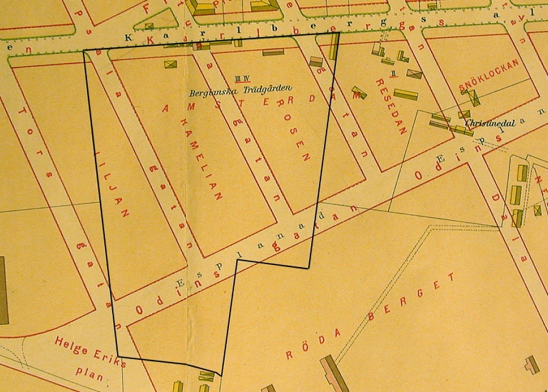 Stadsplan, karta över var Bergianska låg beläget 1885.