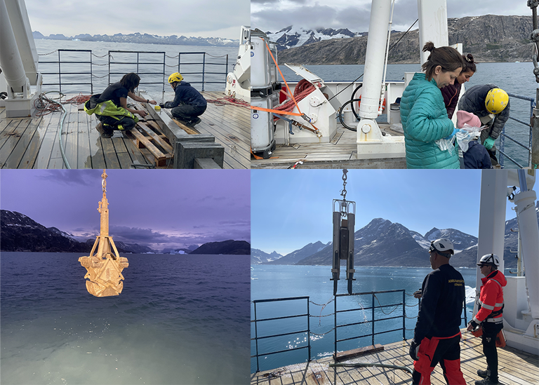 Scientists carrying out various research tasks aboard a research vessel outside the fjords of southeast Greenland.
