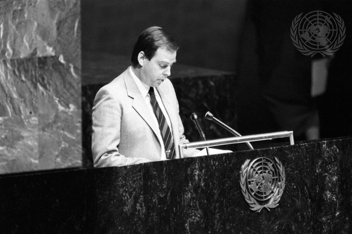 NEW YORK, DECEMBER 10, 1984. An international convention against torture was adopted by consensus and opened for signature by the General Assembly in 1984. Grzegorz Polowczyk, Rapporteur of the Third Committee (Social, Humanitarian and Cultural) introducing the convention. Photo: UN Photo/Yutaka Nagata - Unique Identifier: UN7421534
