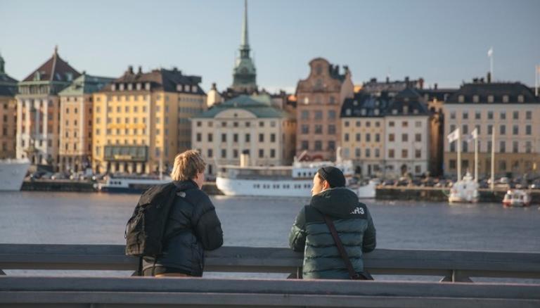 Studenter stående vid en bro, blickar ut över Stockholm