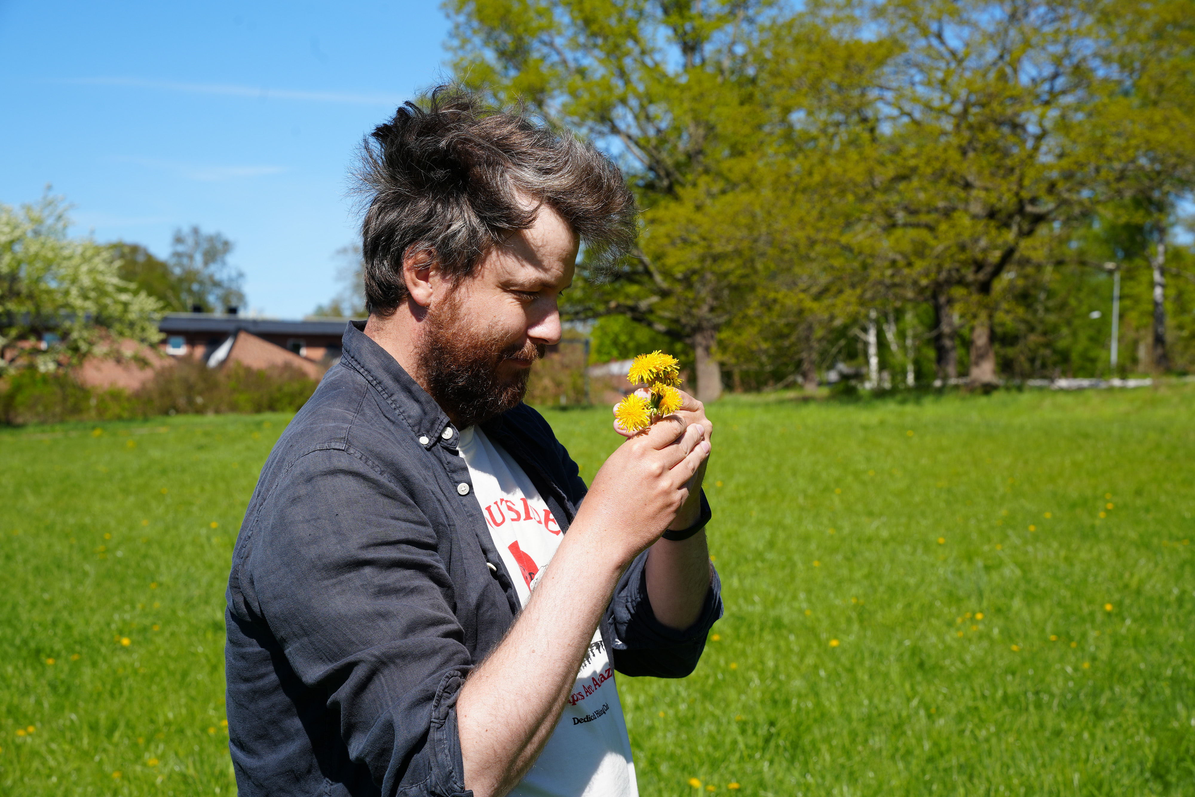 En person står och tittar på maskrosor