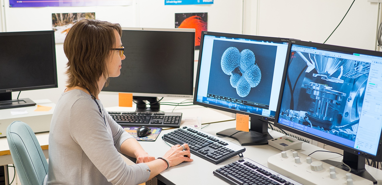 Professor Helen Coxall at her desk looking at forams on her screen