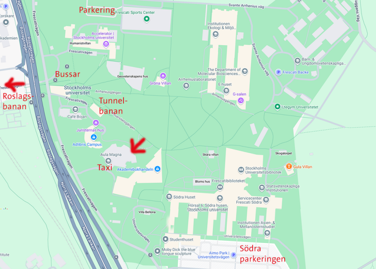 Karta Campus Frescati med Aula Magna och kommunikationer markerade.