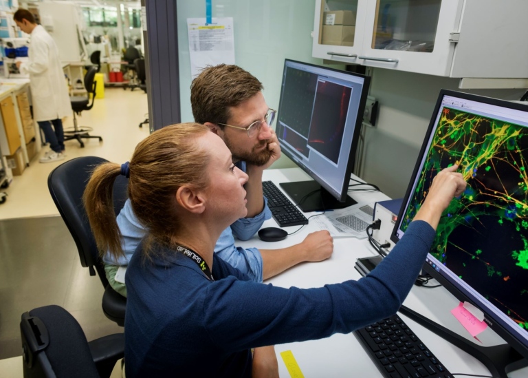 Två forskare studerar bild med forskningsdata på skärm