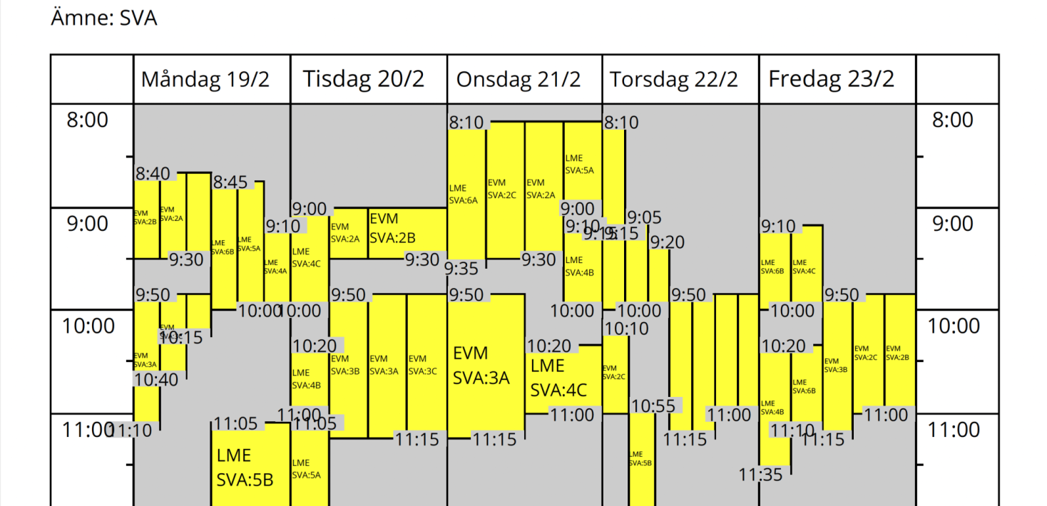 Schemat visar sva-undervisning som både ligger parallellt och går omlått