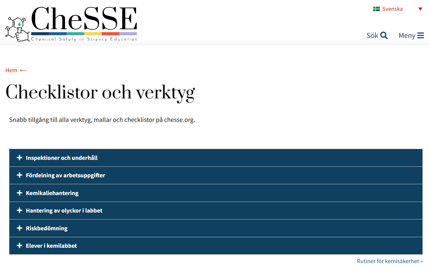 Skärmdump av hemsidan https://chesse.org/sv/checklistor-och-verktyg/