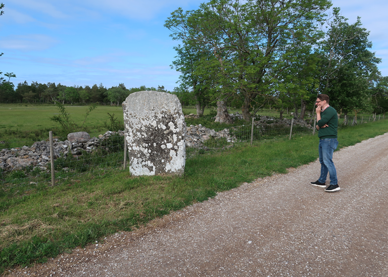 Sigmund Oehrl vid bildstenen Haugstajns på Gotland.