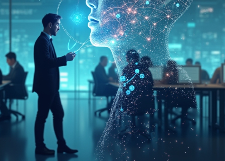 silhouette of a leader with an AI vision over his head