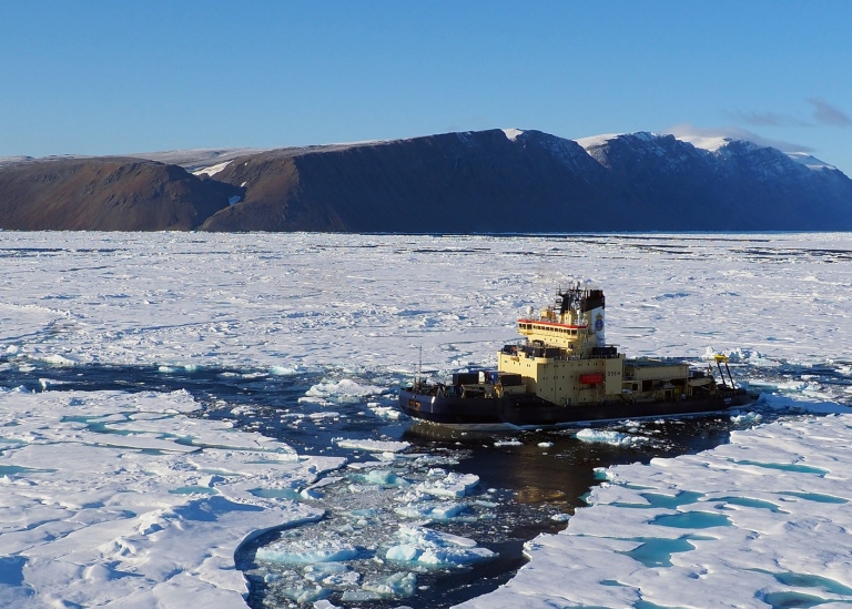 Icebreaker Oden outside Stephenson Island entering the Victoria Fjord.