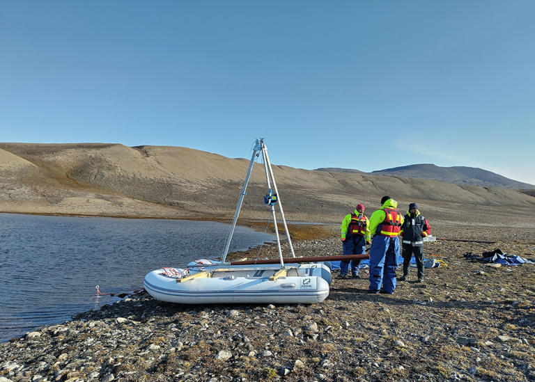 The floating platform used to take sediment cores from the bottoms of the lakes