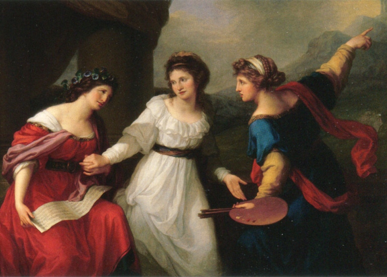 Painting from late 18th century of three women and a music instrument