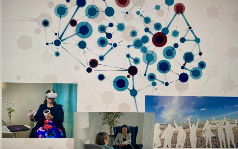 Three project photos with a neural network as a backdrop.